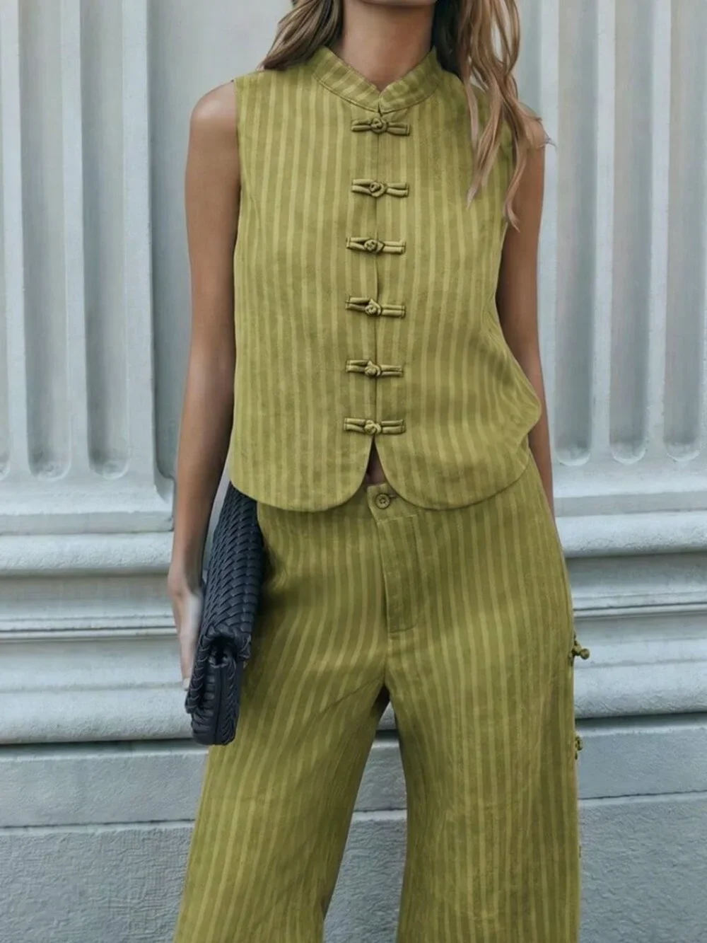 Green Casual Women's Sleeveless Vest And Wide-Leg Pants Set